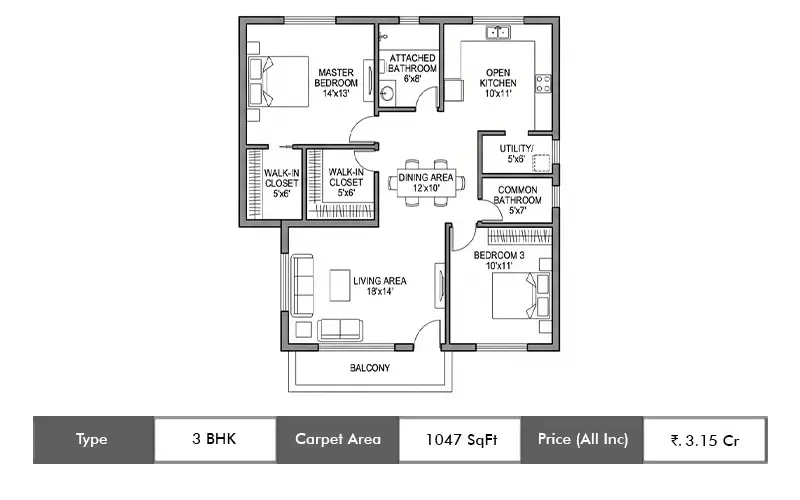 Shree Sai Vana Veda 3 BHK floor plan, 1047 sq ft carpet area