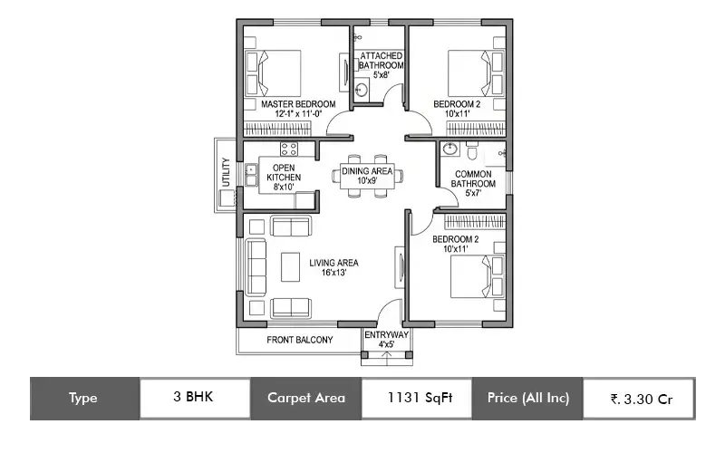 Shree Sai Vana Veda 3 BHK floor plan, 1131 sq ft carpet area